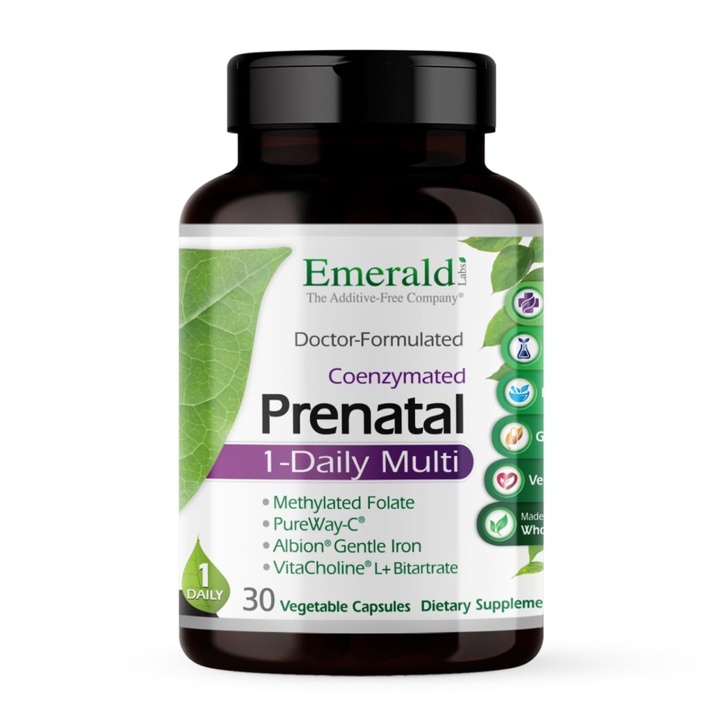 Laboratórios de Esmeraldas Pré-natal 1-Daily Multi - Multivitamin pré-natal com folato metilado, ferro, mistura de alimentos inteiros e mais - sem soja, sem glúten - 30 Cápsulas vegetais