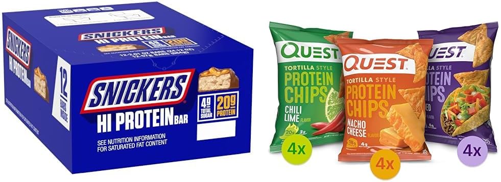 SNICKERS Oi Protein Amendoim caixa de massa da barra de amendoim, Quest Tortilla Chips de proteína Variety Pack