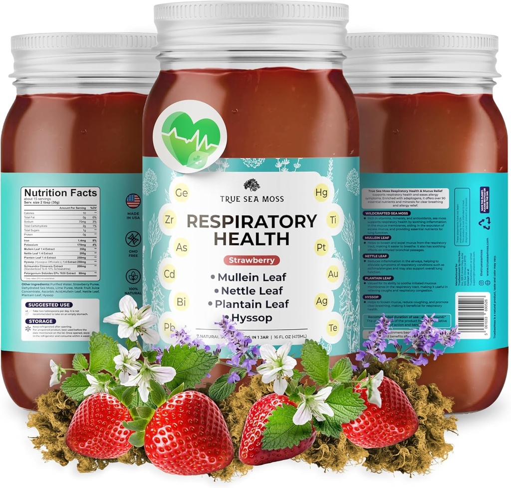 TrueSeaMoss Pro-Line Gel - Saúde respiratória - 5+ Sabores - Gel de frutas com Musgo Mar Premium & Potássio - Vegan-Amigo - Vitamina & Suplemento rico mineral - Made in USA (Strawberry, Pack of 1)