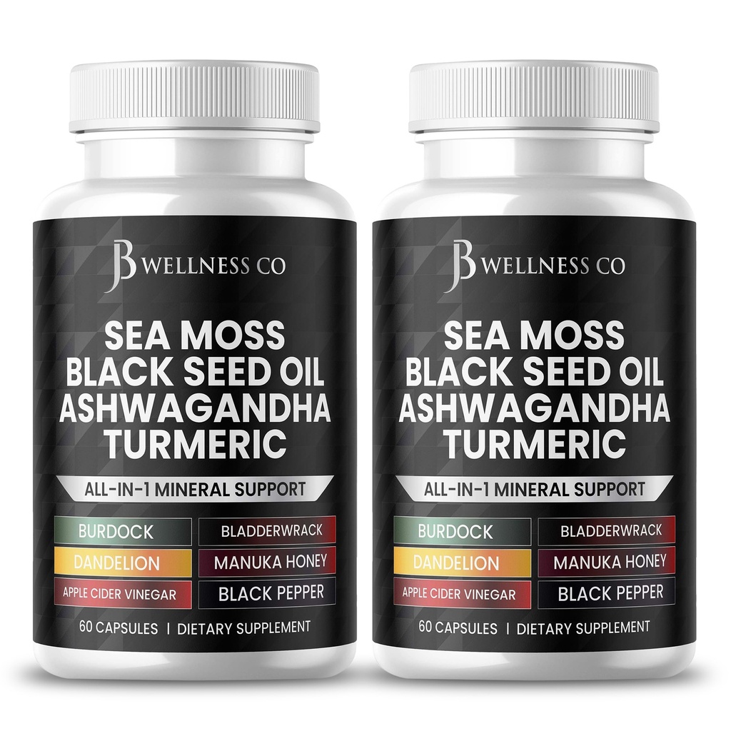 Sea Moss Black Seed Oil Ashwagandha Turmeric Bladderwrack Burdock - com Manuka, Honey Dandelion, ACV Black Pepper Gluten Free- 120 Count