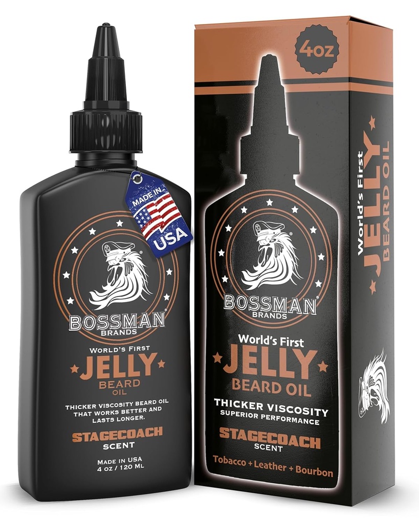 Bossman Jelly Beard Oil for Men (4 onças, Stagecoach Scent) – Suaviza, Hidrata & Condições com Ingredientes Naturais