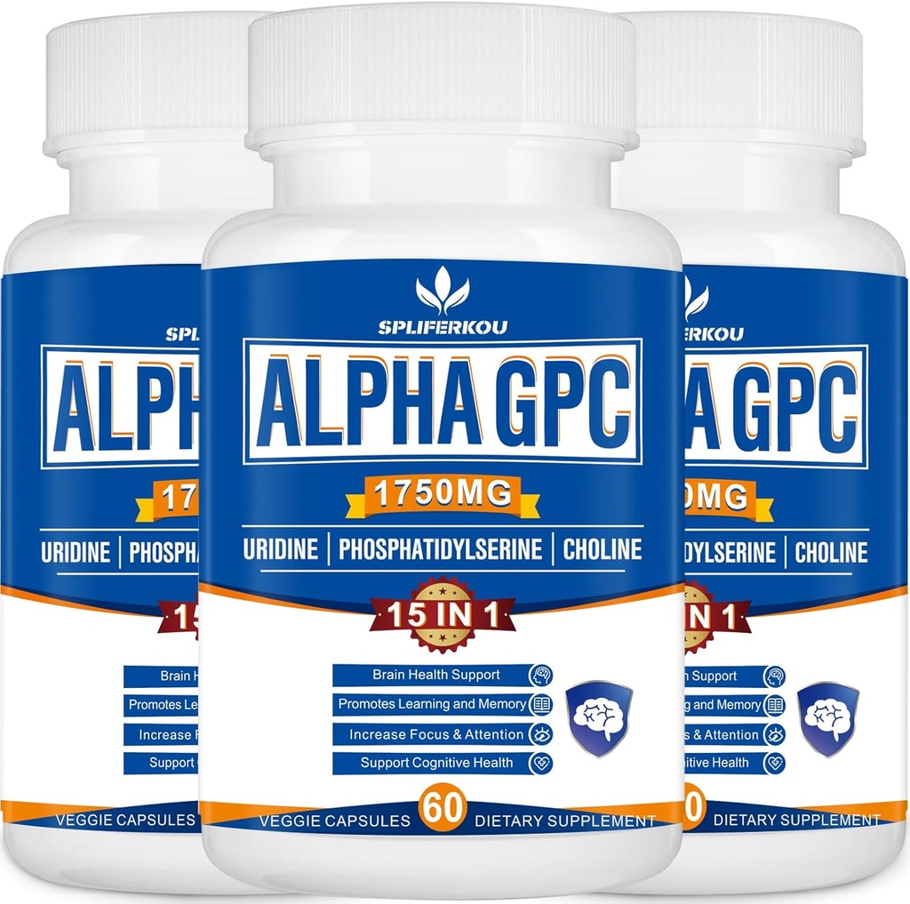 15-in-1 Alpha GPC Suplemento com Fosfatidilserina, Uridina, L-Teanina, Cogumelo de Mane de Leão, 180 Cápsulas