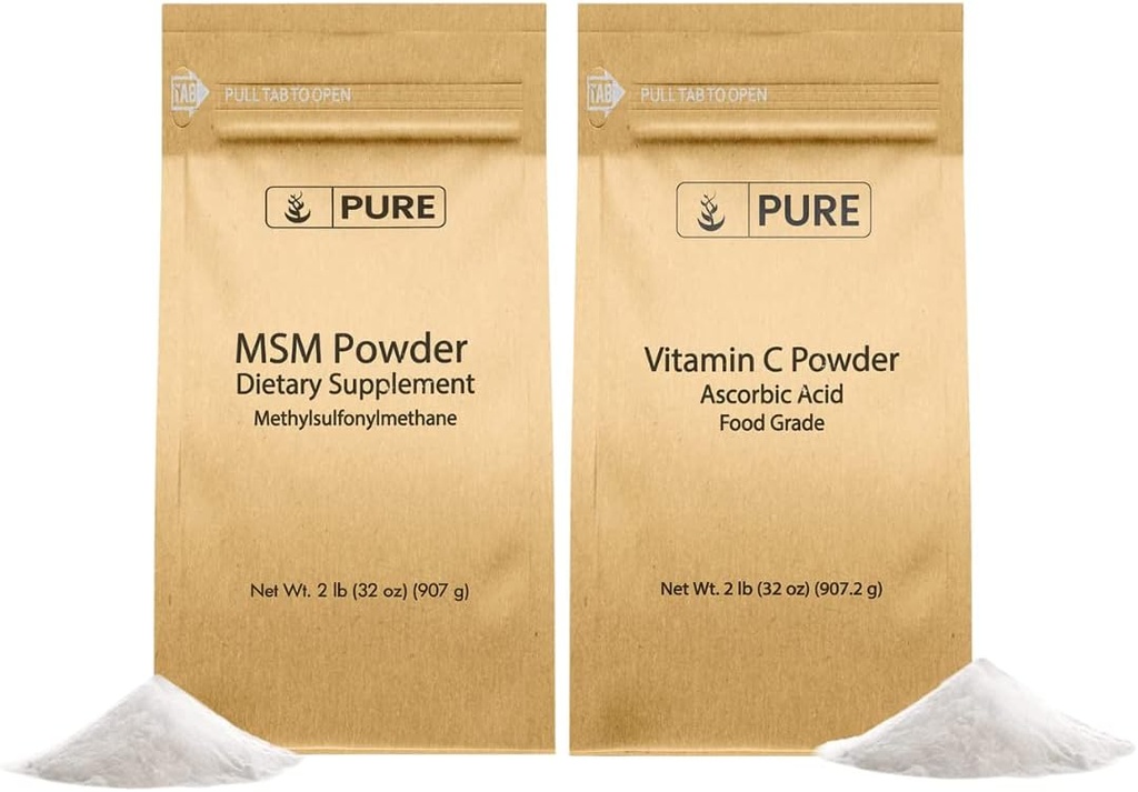 INGREDIENTES ORIGINAIS PUROS Vitamina C Pó e Metilsulfonilmetano MSM Pó, (2 lb) sempre puro, suplementos dietéticos