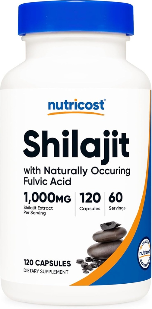 Nutricost Shilajit Cápsulas (1.000 mg por serviço) (120 Cápsulas) - Shilajit Extrato com Naturalmente Occuring Ácido Fulvico, 60 Servings, Gluten Free, Não-GMO, Vegan Friendly Dietary Supplement