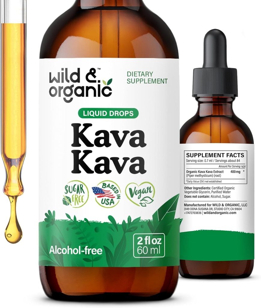 Wild & Organic Kava Kava Tintura 400 mg - Suplemento de suporte de humor - calmante extrato raiz gotas líquidas - 2-mês de fornecimento - Vegan, Açúcar & gotas sem álcool - 2 fl oz