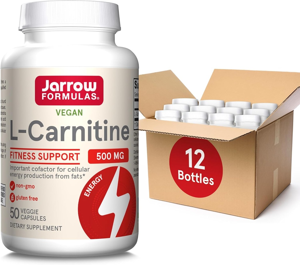 Jarrow Fórmulas L-Carnitina 500 mg, Suplemento dietético, Suporte para Produção de Energia Celular, 50 Cápsulas Veggie, Fornecimento diário de 50 dias (Pacote de 12)