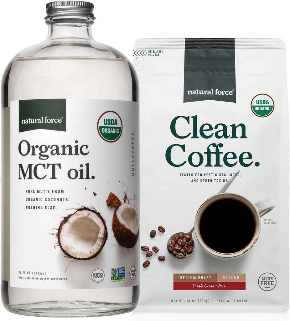 Força natural Organic Ground Clean Coffee + Organic MCT Oil Bundle – 100% puro Coco MCTs & Mold & Mycotoxina Free Coffee – Non-GMO, Keto, Paleo, e Vegan - 10 Oz Bag e 32 Oz garrafa de vidro