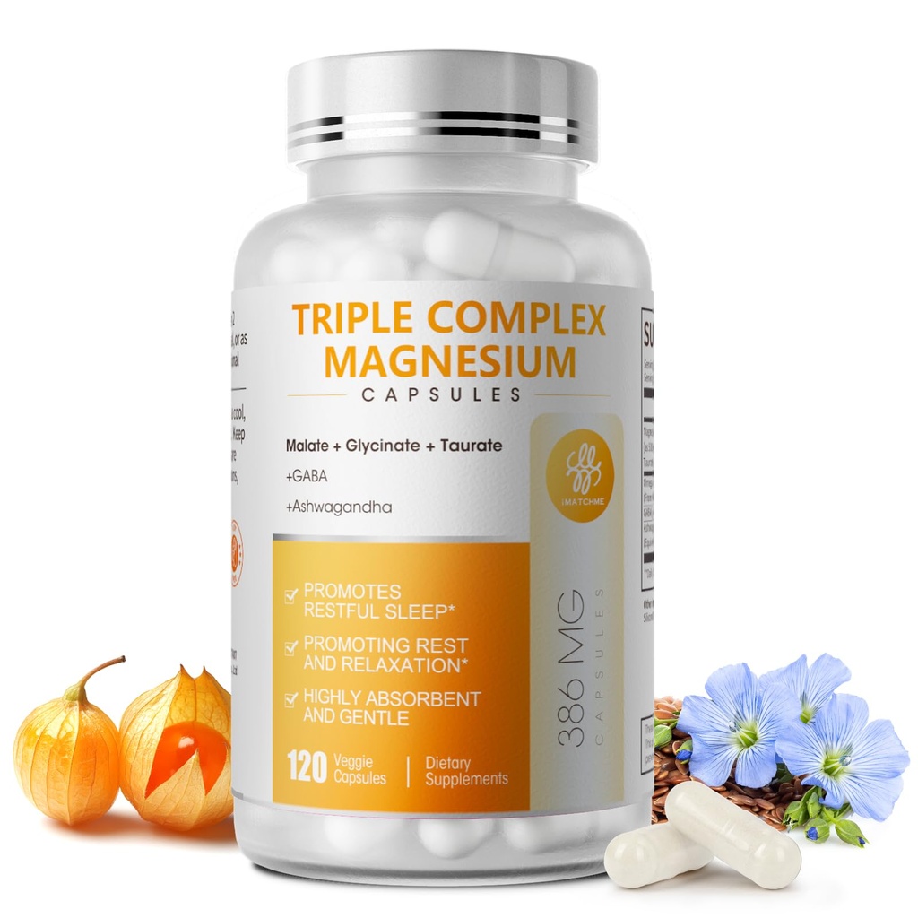 Triplo Complexo de Magnésio - Glicinato de Magnésio, Taurate & Malate Suplemento com Omega3, Ashwagandha, GABA para o sono, Brain Heart & Muscle Support - alta absorção e gentil, Vegan, 120 Cápsulas