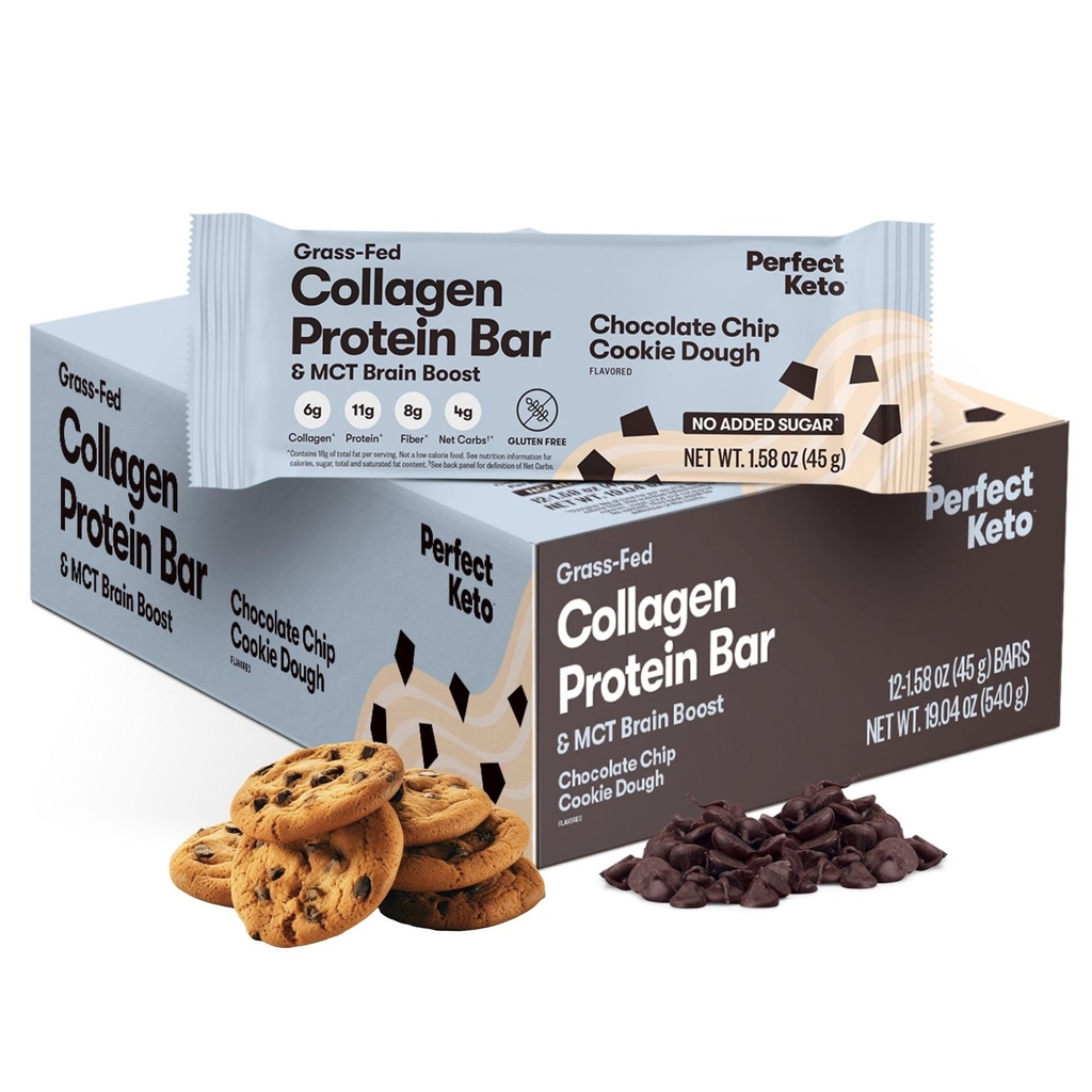 Barras perfeitas de proteína de colágeno, Colágeno de grama livre de glúten + MCT Óleo, Baixo Carbo, Sem açúcar adicionado, Lanches de proteína alta, Keto Diet Foods, 11g de proteína, 18g de gordura, 3g de carboidratos líquidos, Chocolate Chip, 12 Bares