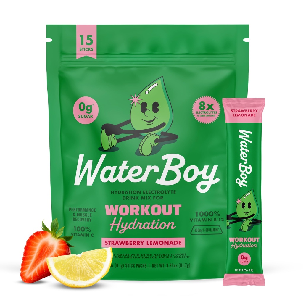 Waterboy exercitar a hidratação do açúcar livre de 2,960mg em pó de eletrolite Packets (L-Glutamina + Vitaminas) sem açúcar, Todos naturais, Glúten livre       , 15 bebidas Stick Mixes (Strawberry Limonada)