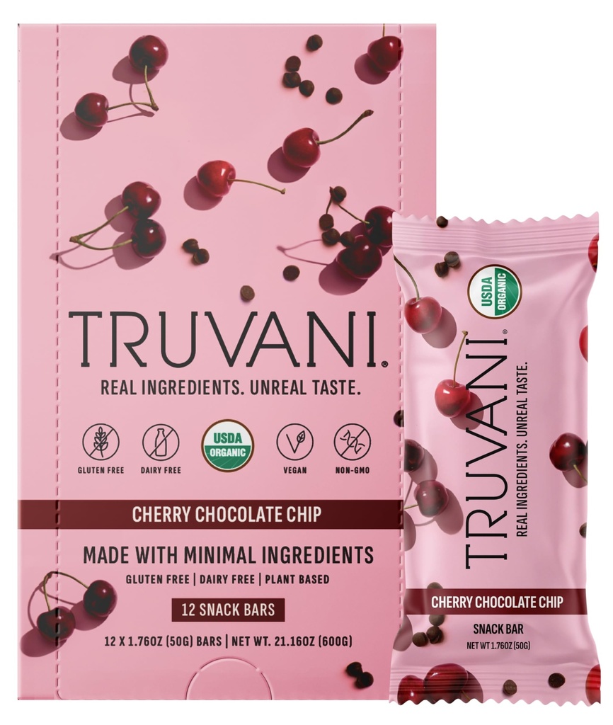 Truvani planta baseado Snack Bares  , Cherry Chocolate Chip 12 Pack , 5g de proteína , USDA orgânico e Vegan , , O único bar , Laticínios, Soja, e Glúten grátis , Individualmente embrulhado