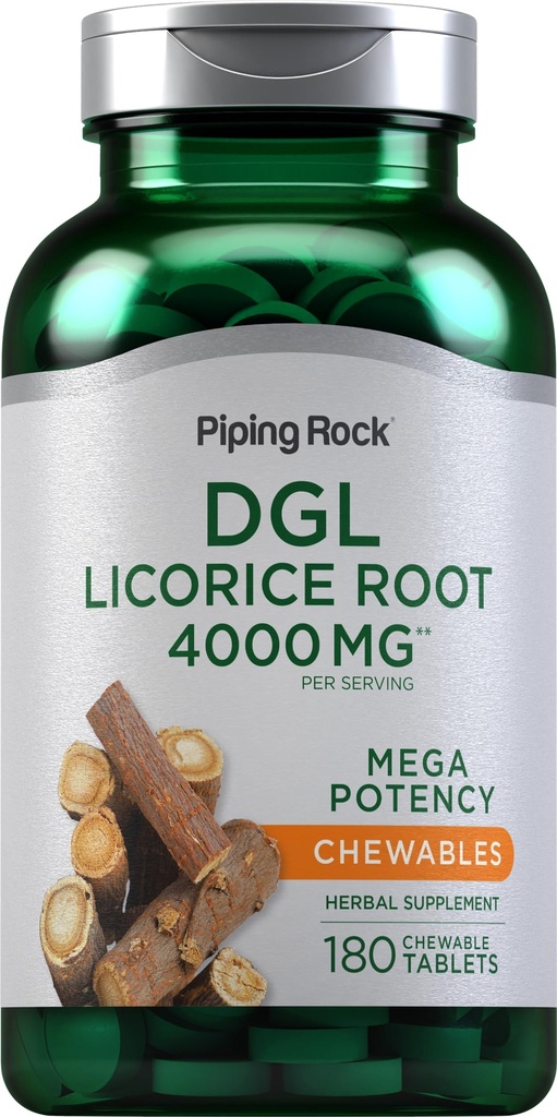 Piping Rock DGL Alcaçuz Mastigable Tablets 4000mg Contagem 180 Mega Potência Deglicirrhizinado Suplemento de Extrato de Ervas