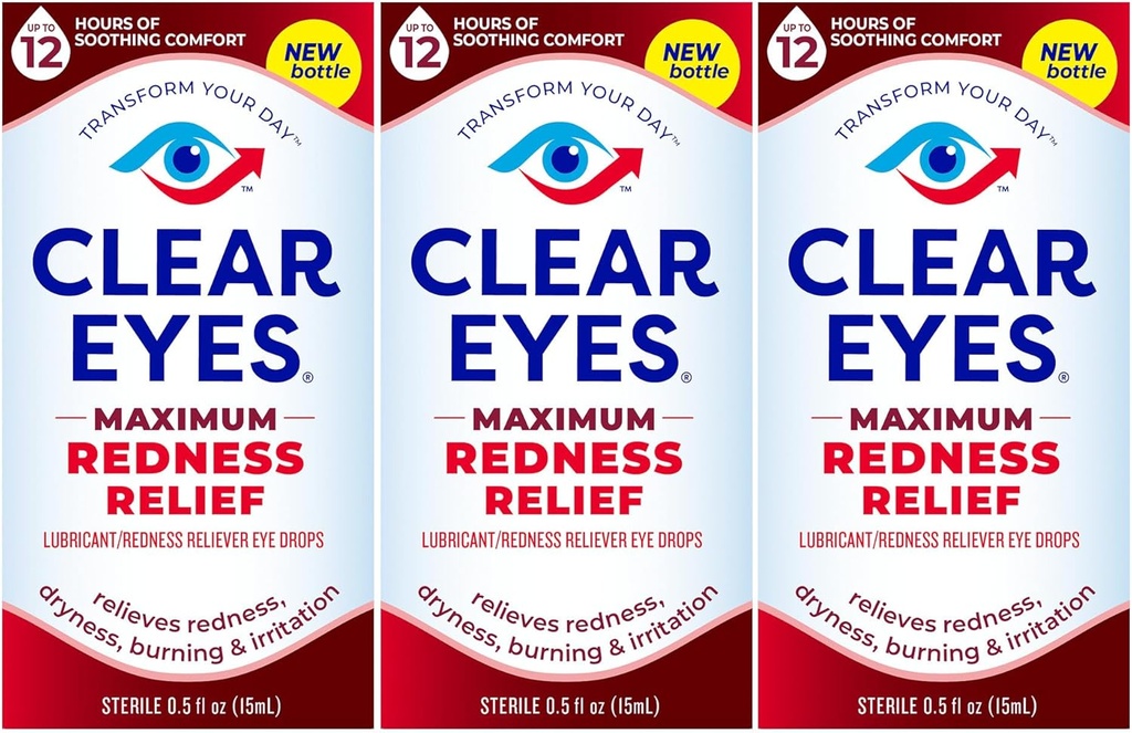 Olhos claros máxima vermelhidão Olho alívio colírio gotas, 0,5 Fl Oz, pacote de 3