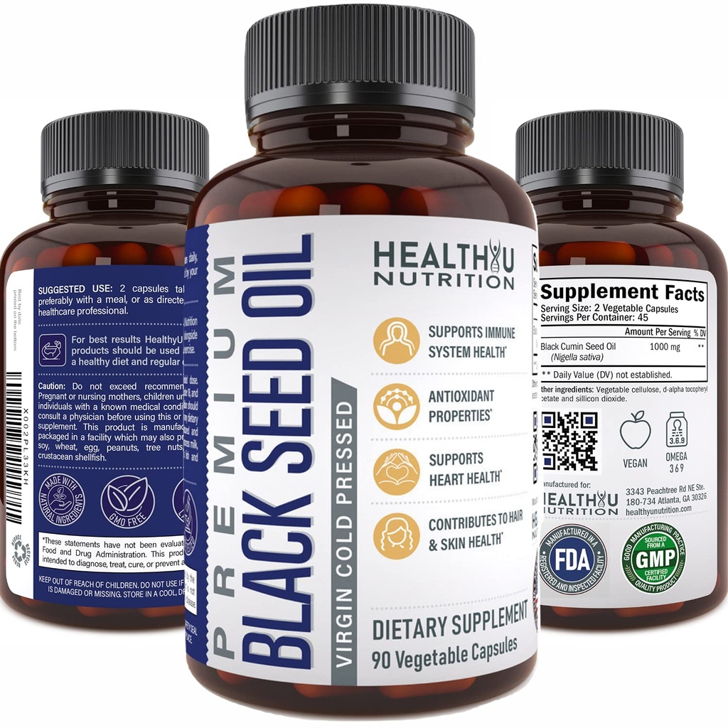 Premium Black Cumin Seed Oil Cápsulas - Virgin Cold Pressed Nigella Sativa Black Seed Oil Pills - Imune Supplement - Omega 3 6 9 Vitamina E Blackseed para unhas Pele de cabelo 1000 mg p / Servindo