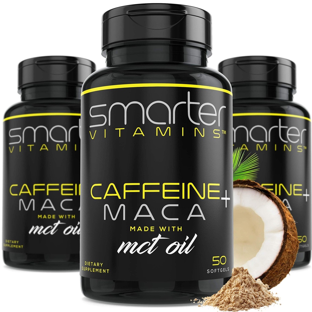 (3 Pacote) Pílulas de energia mais inteligentes, 200mg de cafeína e coco MCT Óleo com Maca Root, 150 líquidos Softgels