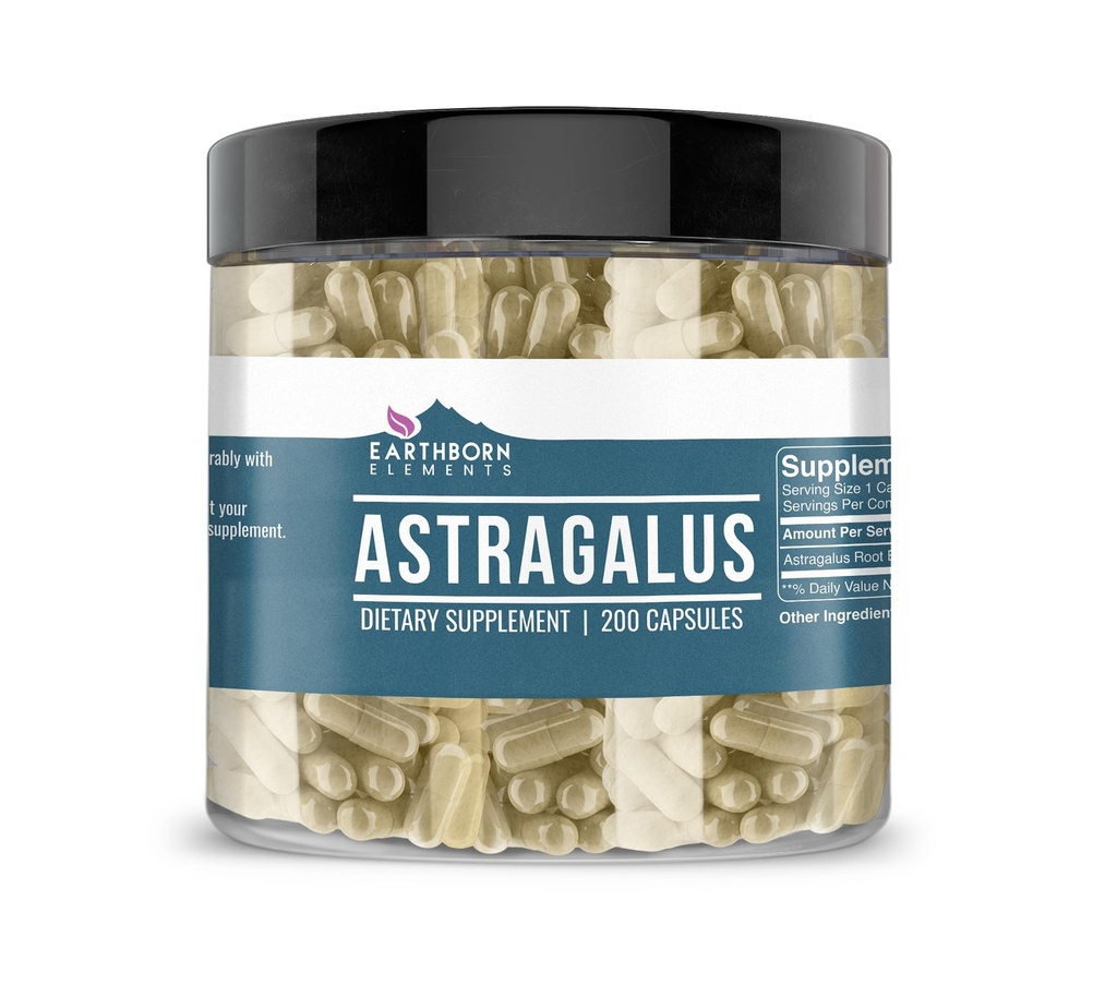 Elementos nascidos da Terra Astragalus Extrair 200 Cápsulas, Puro e não diluído, Sem aditivos