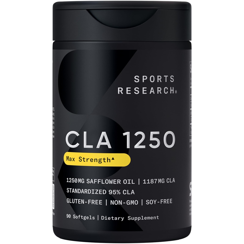 Pesquisa Desportiva CLA - 1250mg com Ácido Linoleico Conjugado Ativo para Homens e Mulheres - Non-GMO, Soy & Gluten Free - 95% (90 Softgels)