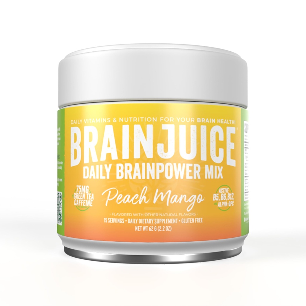 Suplemento de suporte cerebral de suco de cérebro Nootrópicos, Pó de glúten livre para energia e foco, Bebida Mix com L Theanina, Alpha GPC, Vitamina B, Extrato de chá verde orgânico Cafeína, Mango de pêssego, 15 Servings