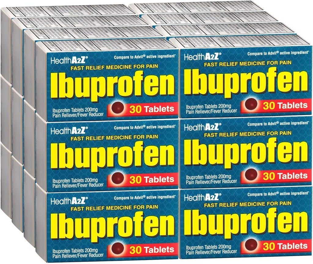 HealthA2Z® Ibuprofeno Caplets 200mg □ Reliever & Fever Reducer □ 24 Embalagens de 30 Comprimidos (720 Comprimidos Total)