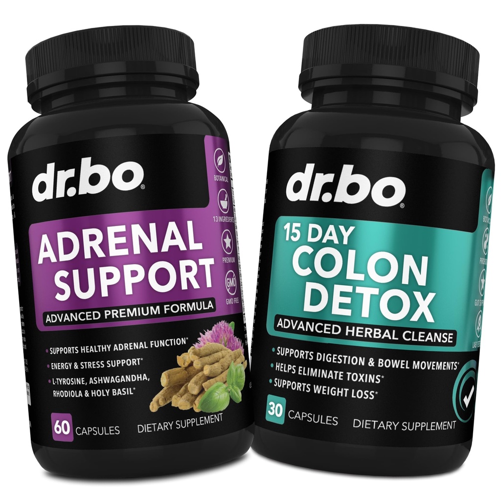 DR. BO Suporte Adrenal & Colon Cleanse Supplements - Suplemento de Fadiga Adrenal com Ashwagandha & L Tyrosine - Comprimidos de limpeza intestinal de 15 dias para Bowel Movement Support & Gut Stomach Cleansing