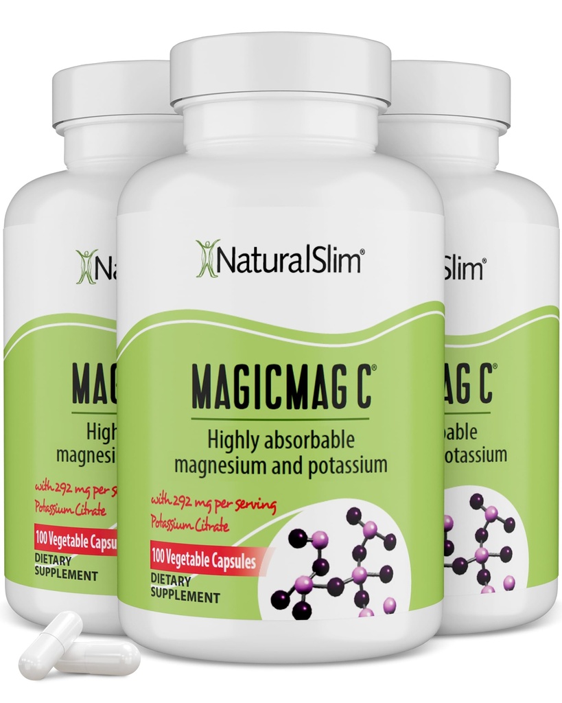 MagicMag C por NaturalSlim, Citrato de Magnésio com Potássio para Relaxamento Músculo, Qualidade do Sono, Função Nervo & Suporte Eletrolítico, Suplemento de Magnésio Diário para Homens e Mulheres, 100 Cápsulas 3pk
