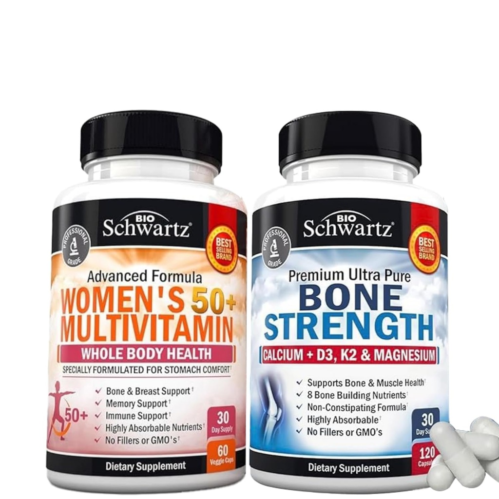BioSchwartz Multivitamina diária para as mulheres 50 & mais de (1 mês de fornecimento) Mais suplemento mineral de força óssea com cálcio e magnésio (1 mês de fornecimento)