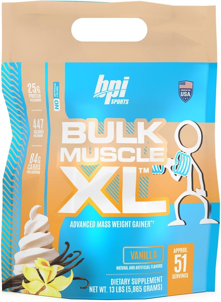 BPI Sports Bulk Muscle XL - Avançado ganho de peso em massa para construção e recuperação de músculos graves, 25g de proteína e 497 calorias por serviço - Chocolate, saco de 13lb (13lb, baunilha)