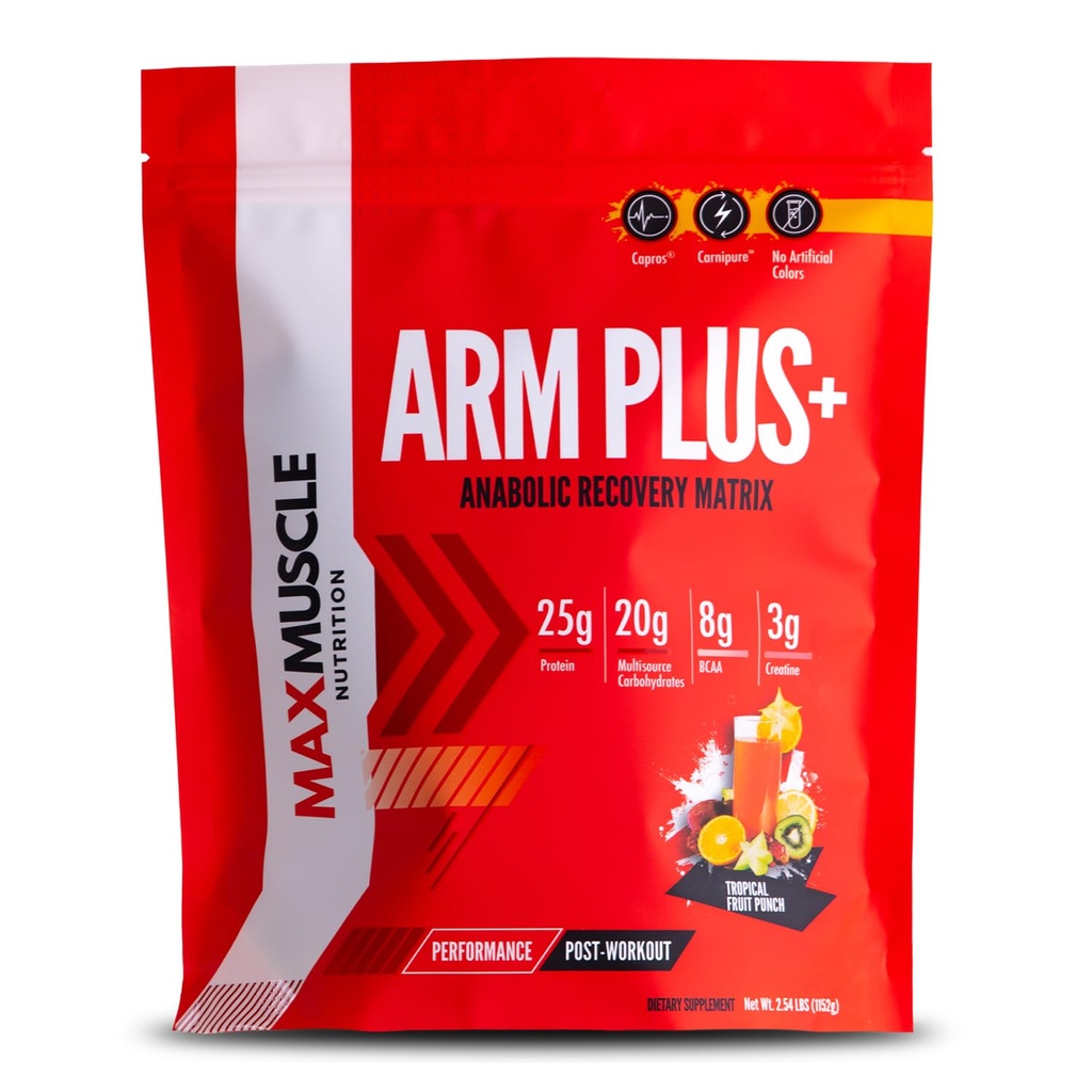 Max Muscle Arm Plus+ Matriz de recuperação anabólica 25g Protein, 8g Bcaas, 3g Creatina Mono-hidratada □ Proteína de Whey, Aminoácidos, Antioxidantes, Glutamina, Eletrolíticos (Tropical Punch, 2,54 lb)