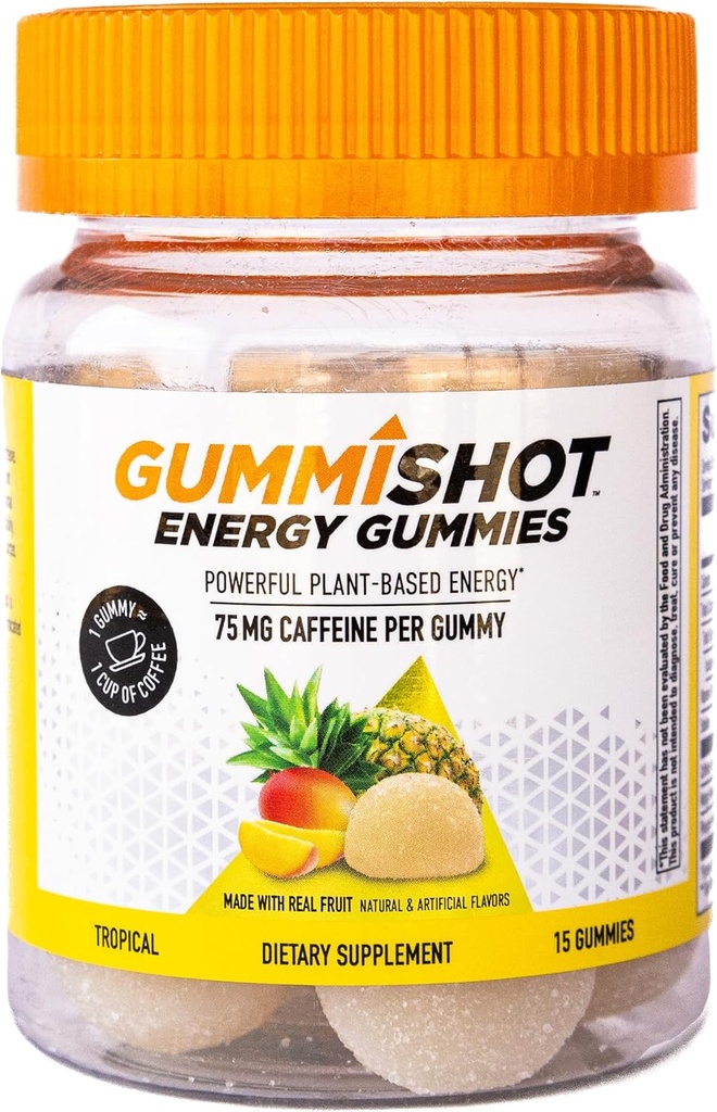 GummiShot Energy Gummies, 1125 mg de mastigação de cafeína com base em plantas por garrafa, impulsionadores de energia de longa duração, tropicais (15ct)