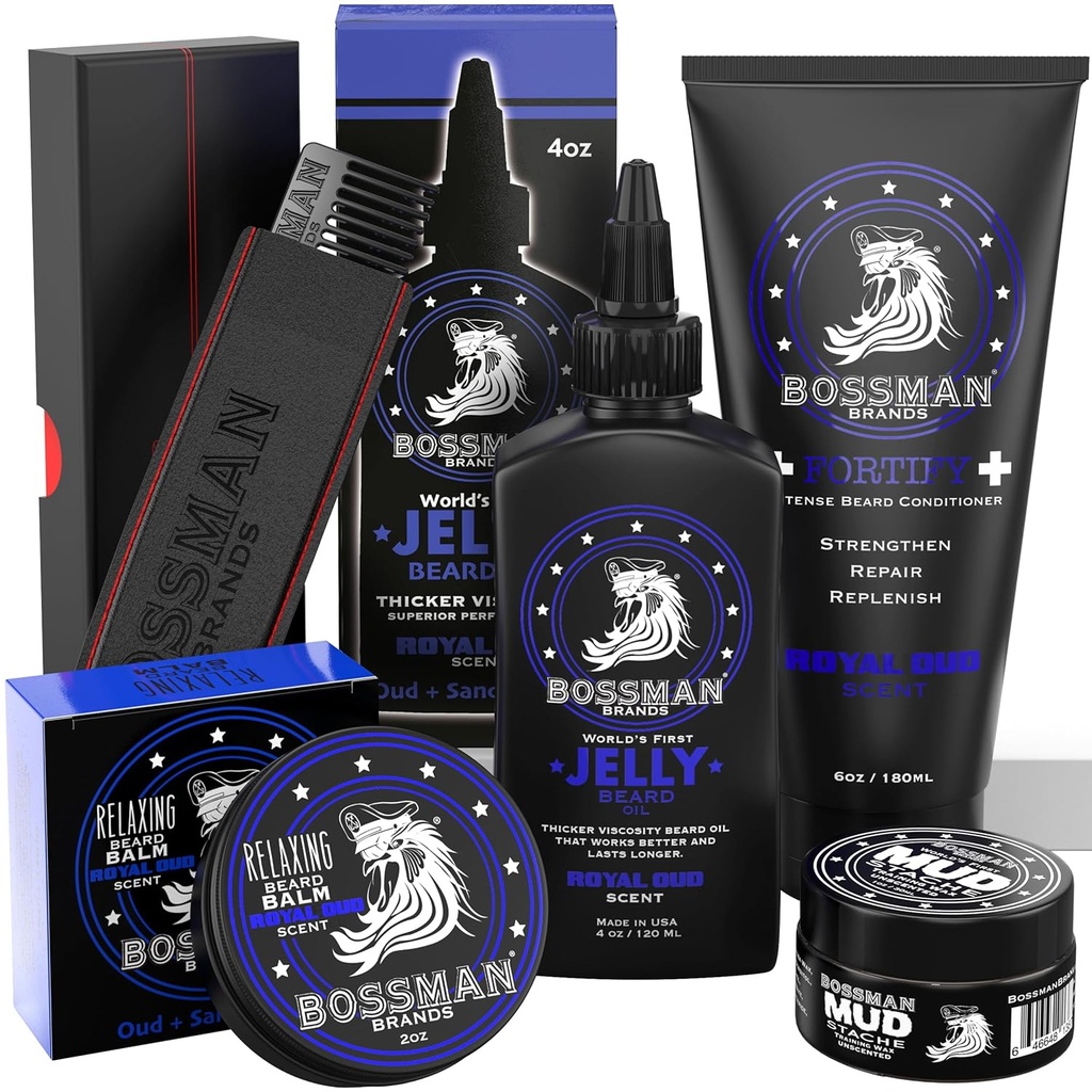 Bossman Kit de barba completa – Jelly de óleo de barba masculina, Fortifying Duche Condicionador, Balm, Cera de bigode & Comb – Amortecedor de barba e cuidados de grooming – Homens conjunto de presente (Royal Oud Scent)