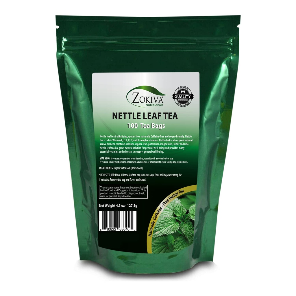 Zokiva Nutritionals - Nettle Leaf Sacos de chá Mega Pack - 100 Sacos de chá de ervas orgânicos convenientes de qualidade Premium - Cafeína-livre e Vegan-friendly Em um Stand Resealable Up Zip Lock Pouch