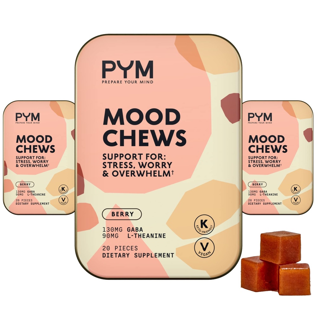 PYM Berry Mood Chews Suporte para estresse, Preocupação & Sobrecarregamento, 60 Contagem, 130mg GABA, 90mg L-Theanina Vegan, Não-GMO, Gluten-Free, Não adicionado de açúcar