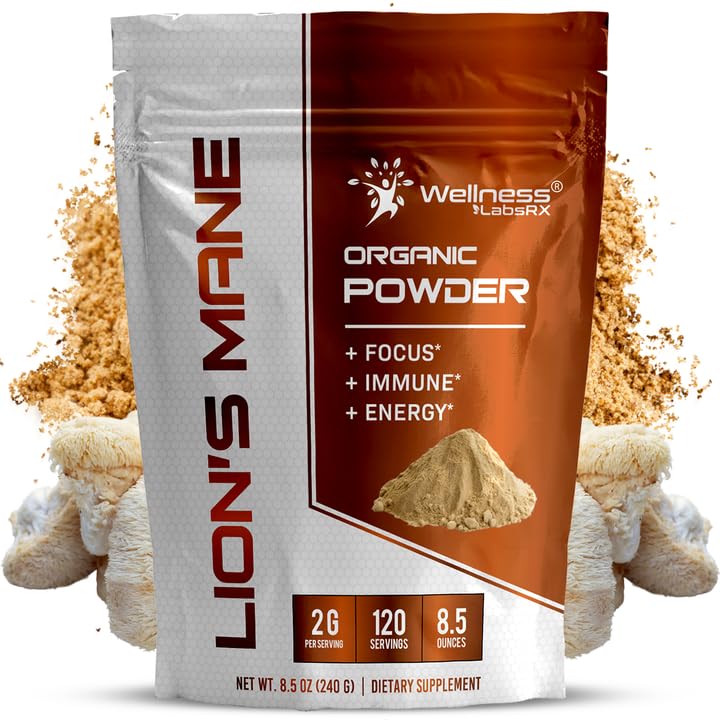 WELLNESS LABSRX Lions Mane Powder, Suplemento de Cogumelo - 2000mg - Lions Mane Supplement - Lion's Mane Mushroom Powder Brain Supplements for Memory and Focus, Imune Support and Health - 120 Servings