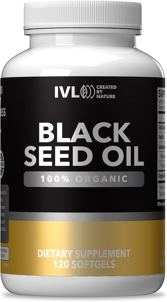 IVL - Óleo de Semente Negra Orgânica - 120 Cápsulas de Softgel - (1000mg por Serving) - Óleo de Sementes Puro Frio Pressionado Nigella Sativa - Omega 3 6 9, Antioxidantes, Timoquinona - Cápsulas Líquidas de Óleo de Semente Preta