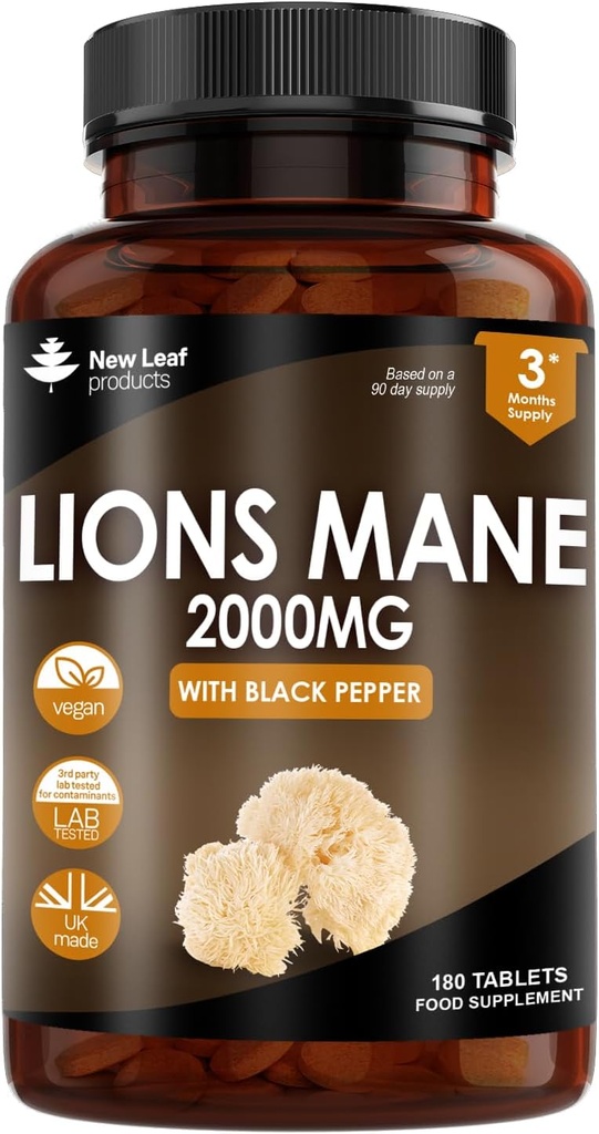 Novos produtos de folha Lions Mane Mushroom Extract Suplemento 2000mg - 180 Tablets Vegan de alta resistência com pimenta preta - (Não em pó ou cápsulas) Made in the UK