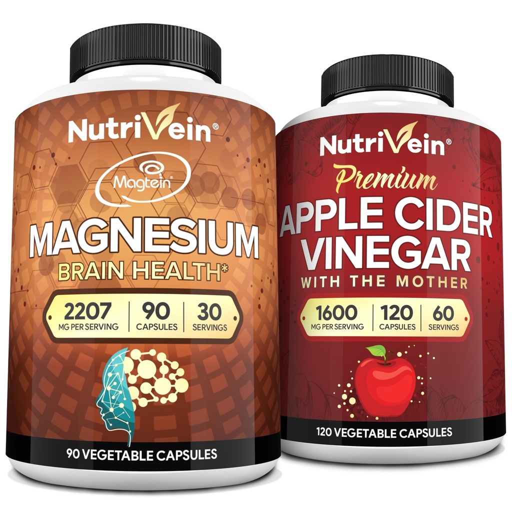 Nutrivein Premium Apple Cider Vinagre Cápsulas & Magnésio L-Threonate Bundle: Suplemento de Magnésio de Alta Absorção e Suplementos de Vinagre de Apple Cider para Cérebro, Gut e Bem-Estar Geral