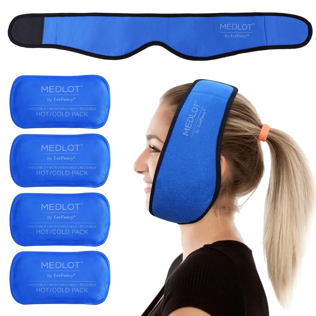 LotFancy Face Ice Pack Envoltório para TMJ, Sabedoria dentes, com 4 embalagens de gel de terapia fria quente reutilizável, alívio da dor para cabeça, cirurgia oral e facial, implantes dentários, azul