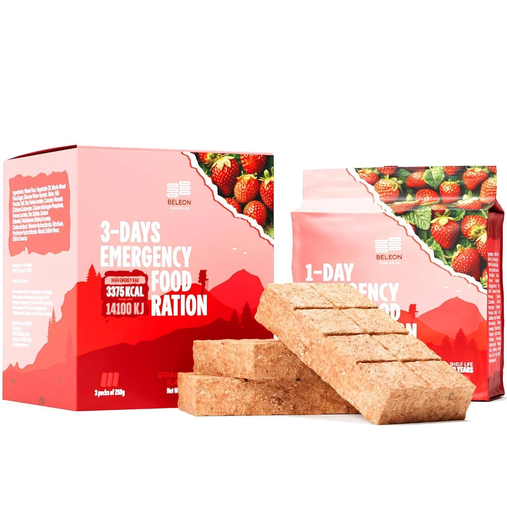 Fornecimento alimentar de emergência 3 dias 72 horas Barras de biscoitos de morango MRE Refeições Militares 2024 Kit de sobrevivência - 20 Anos Vida de prateleira Camping suprimentos de caminhada