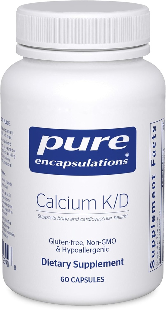 Encapsulamentos Puros Cálcio K/D Suplemento para Força Óssea, Sistema Imune, Colón e Saúde Cardiovascular* □ 60 Cápsulas