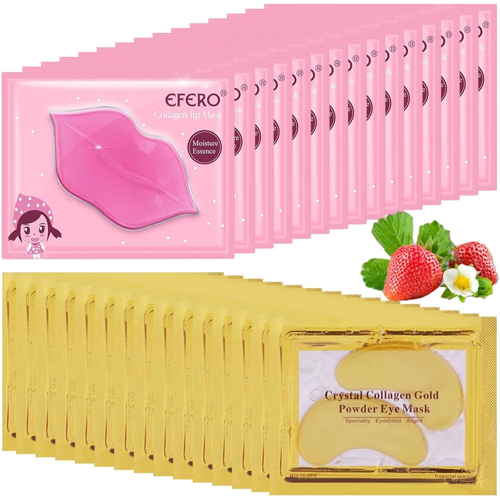 30 pares Lip Mask & Under Eye Mask, 24K Gold Crystal Colágeno Sob Olhos Patches para Olhos Puffy, Máscaras de Lábio Efetivamente Nutre o Lip & Pele de Olho, Máscaras Olhos Reduzindo Linhas Finas e Círculo Escuro