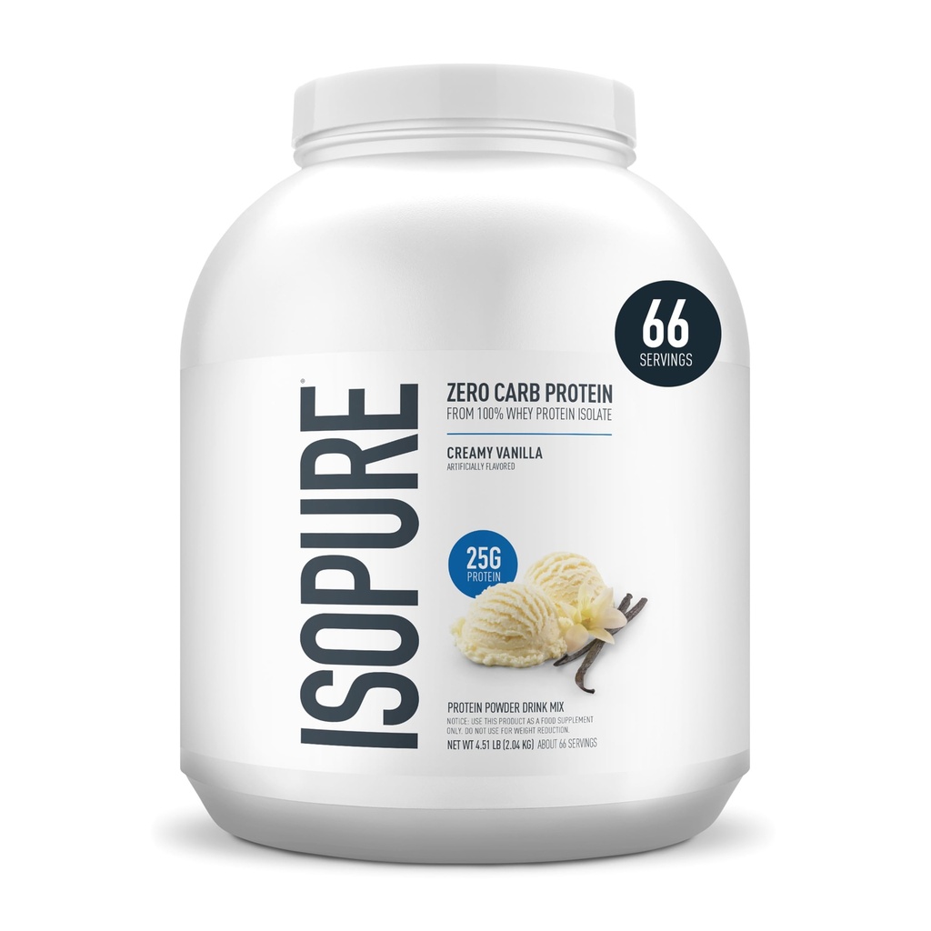 Isopure Zero Carb 100% Puro Whey Isolate Protein Powder, Lactose Free, Gluten Free, Com vitaminas, Creamy Vanilla, 25g Protein Per Serving, 4,5 Lbs, 66 Servings (Packaging May Vary)