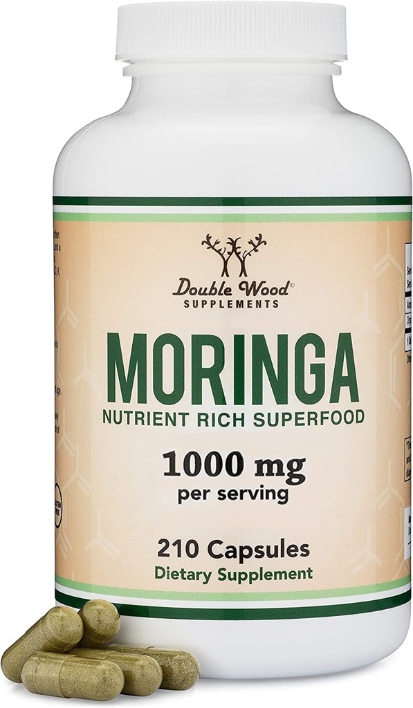 DWS Organic Moringa Cápsulas 1000mg - Pure Moringa pó para energia e apoio imunológico - Verde Superalimento rico em antioxidantes, vitaminas essenciais e aminoácidos - 105 cápsulas Vegan