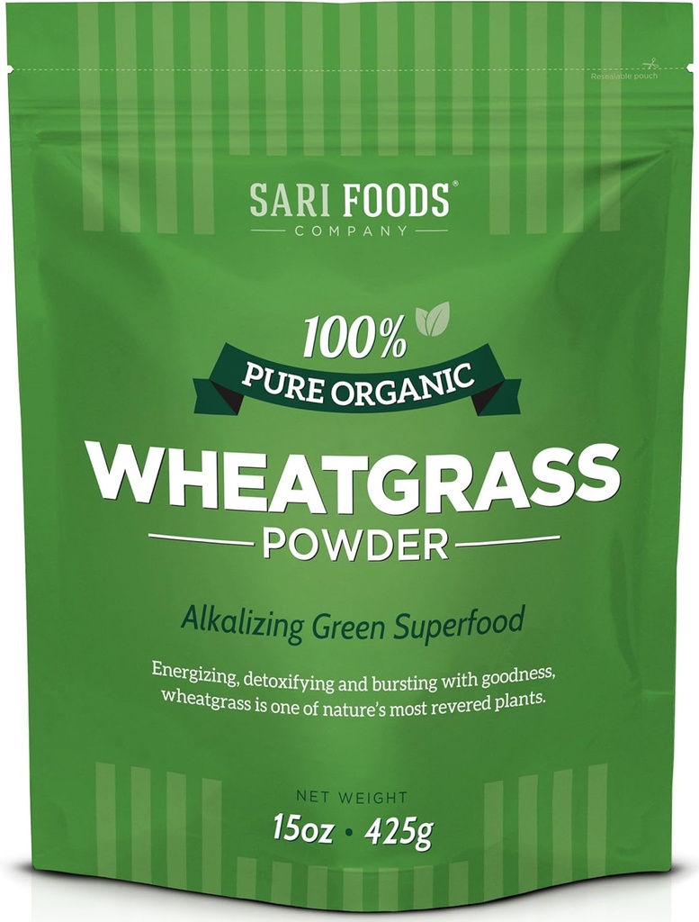 Sari Alimentos Trigo Orgânico em pó - Juice de grama de trigo em pó com clorofila, antioxidantes e vitaminas (15 onça)