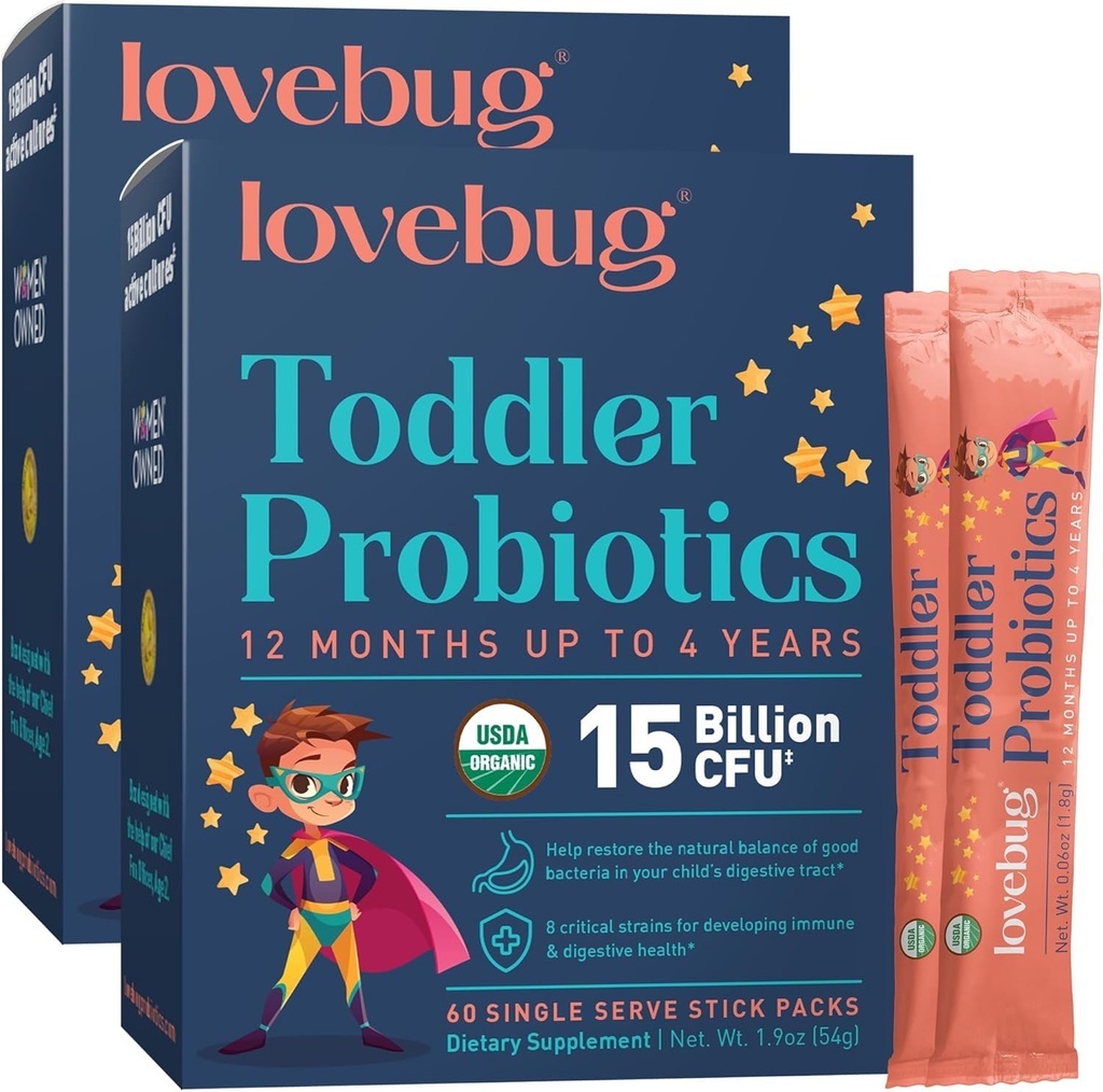 LOVEBUG Crianças Pó Probiótico com Fibra Prebiótica - Crianças Imunidade Suporte & Resgate de Obstipação - USDA Probióticos Orgânicos para Crianças Gut & Digestive Health (Ages 1-4) - 60 Pack (Desfavorecido)