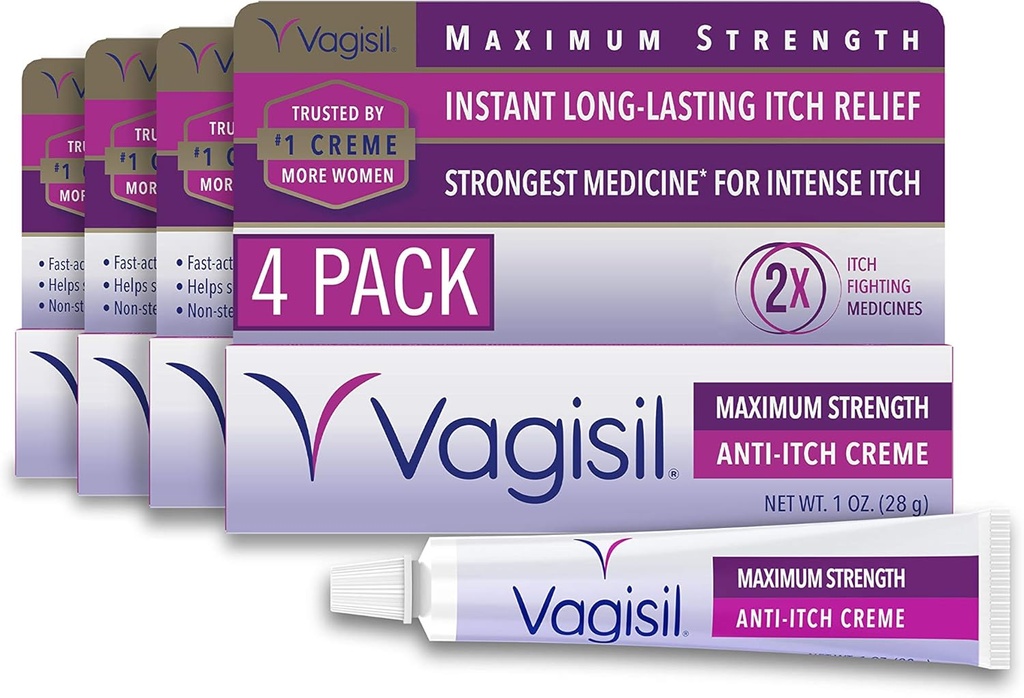 Vagisil Máxima Força Creme Feminino Anti-Itch com Benzocaína para Mulheres, Ajuda a Aliviar a Infecção de Levedura Irritação, Ginecologista Testado, Fast-action, Acalma e Cools Pele, 1 oz (Pacote de 4)