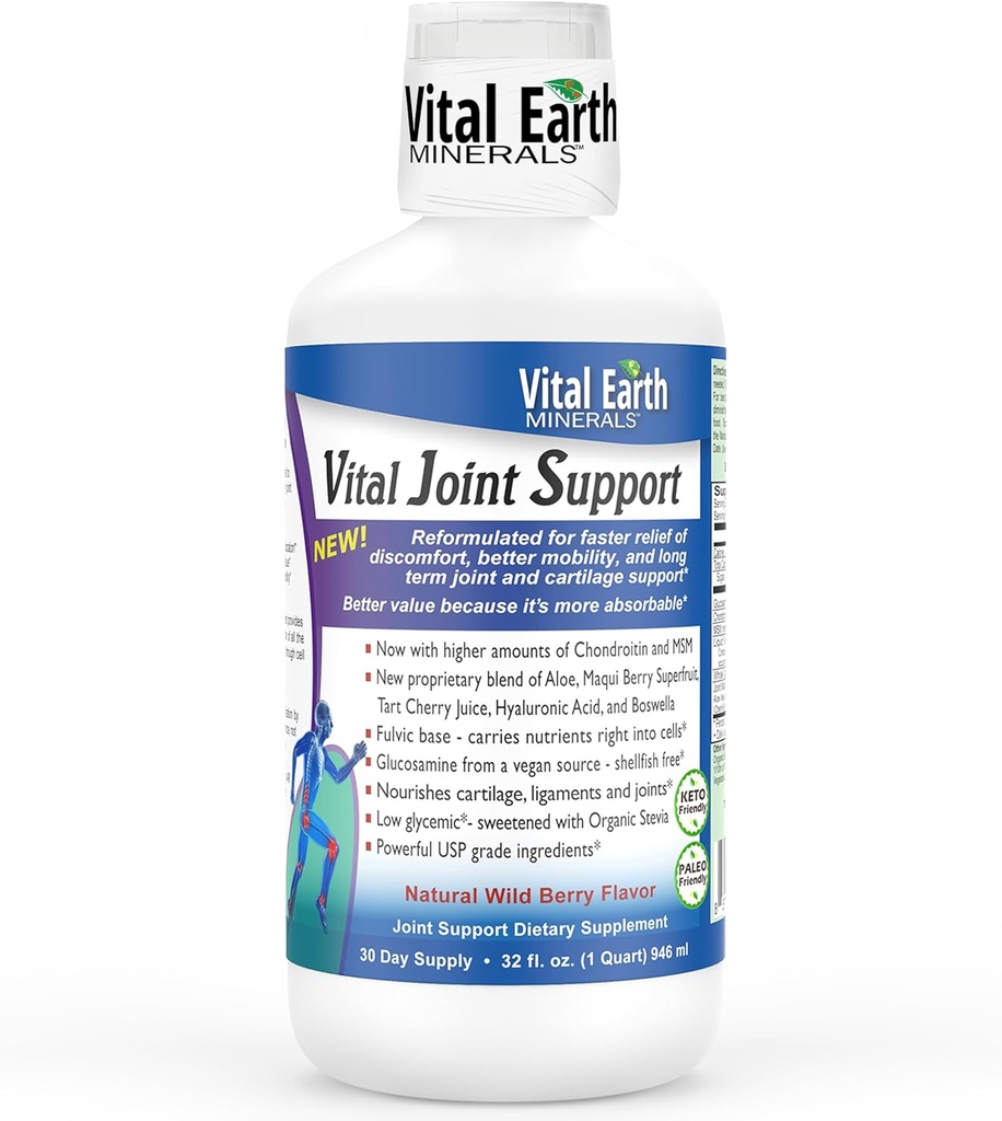Vital Earth Liquid Joint Support Supplement – Glucosamina, Condroitina, HSH Plus Ácido Hialurónico, Boswellia & Ácido Fulvico (70+ Trace Minerals), 32 Oz + 1 Oz Cup