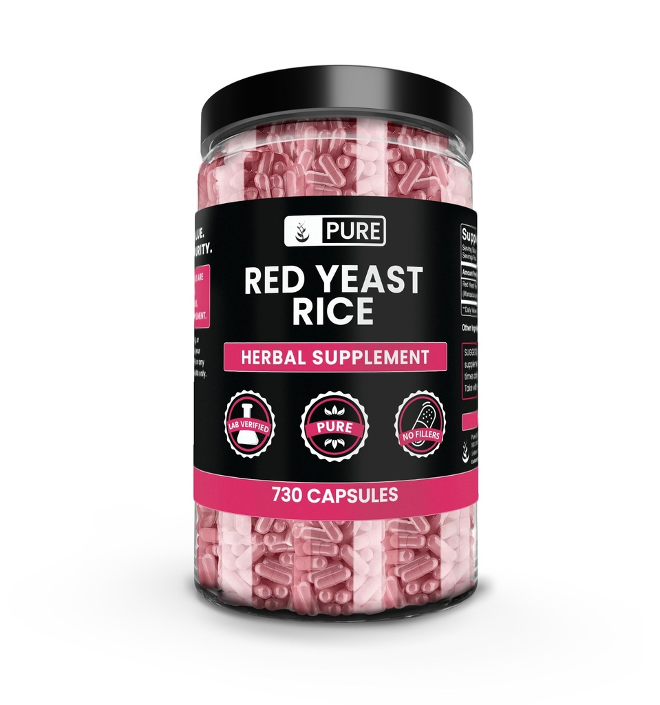 Puro Original Ingredientes Vermelho Levedura Arroz Sem Magnésio ou Arroz Enchidos, Sempre Puro, Lab Verificado (730 Cápsula)