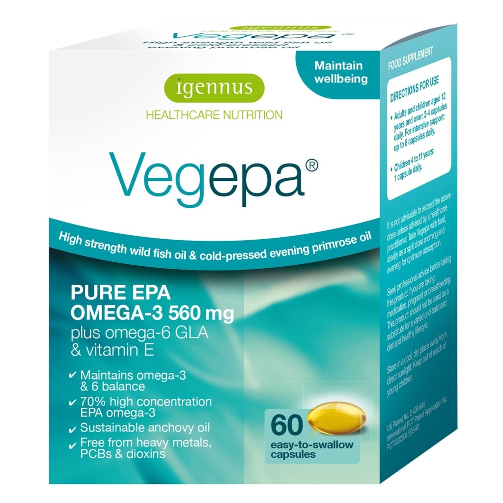 Igennus Vegepa Omega 3 Wild Fish Oil & Evening Primrose Oil Blend, 560 mg EPA Plus GLA, 60 pequenos Softgels