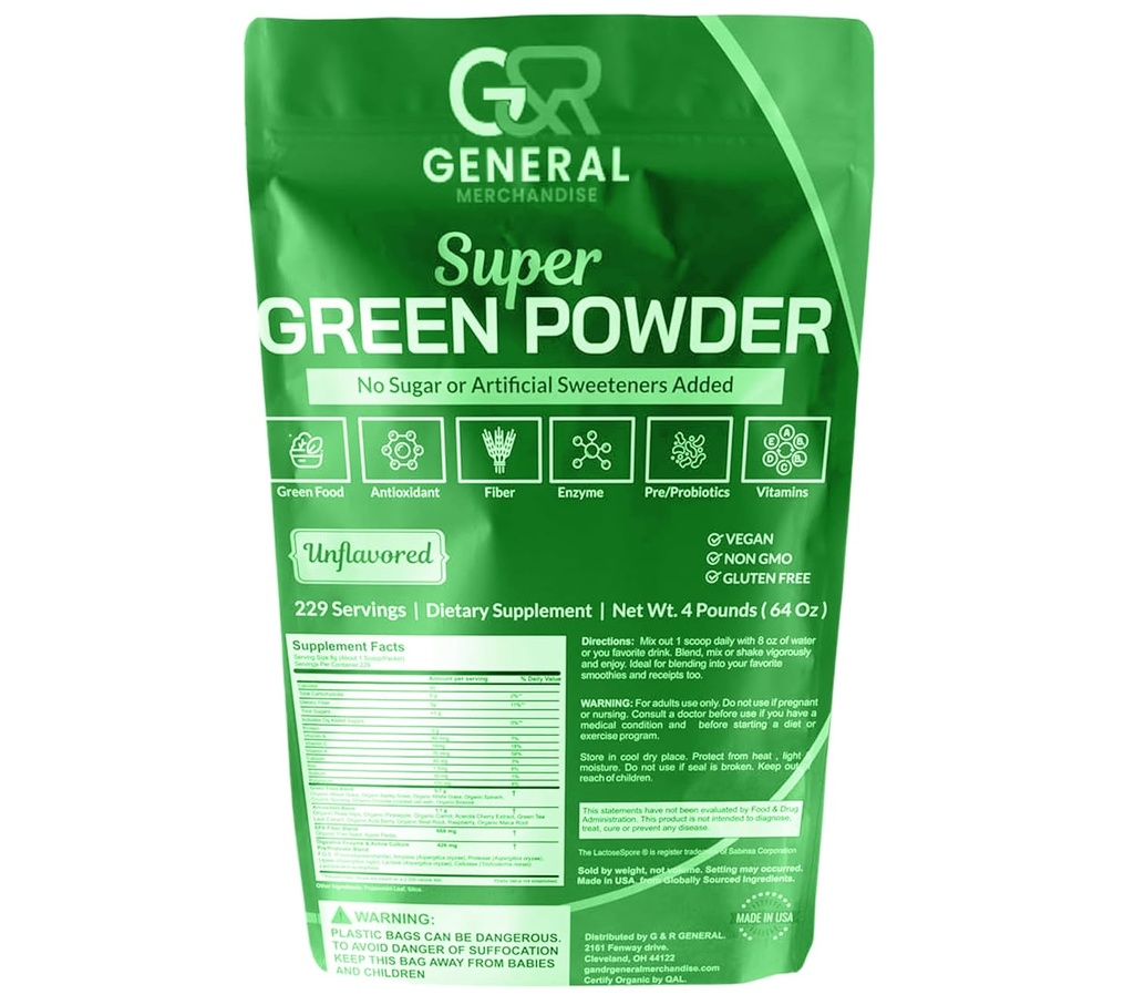 Super Verdes Powder Superfood Orgânico, 229 Serve Enzimas Digestivas, Probióticos & Vitaminas Vegetais (Wheatgrass, Spirulina & more), Frutas, 4 Libras (64 onças).