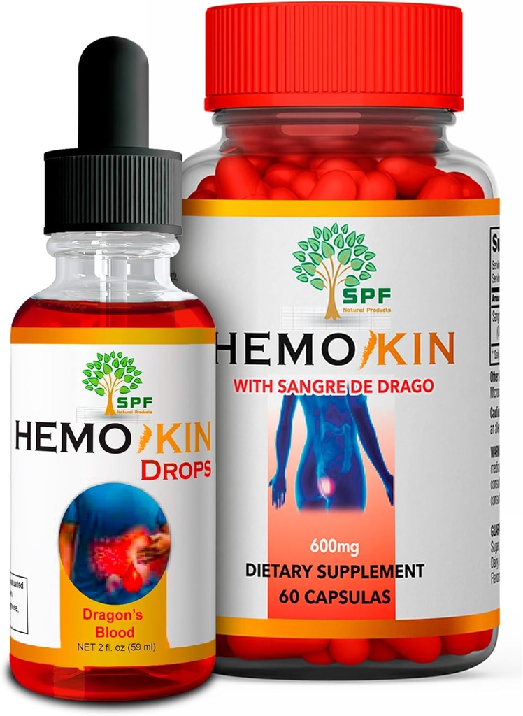 Cápsulas de HEMOKIN & SPF HEMOKIN gotas com Sangre de Drago, Hemorroid, Fissura & Alívio de Feridas , Reduz Coceira, Inchaço, Dor , Saúde Digestiva e Suporte de Cura , 60 Caps + 2 Oz